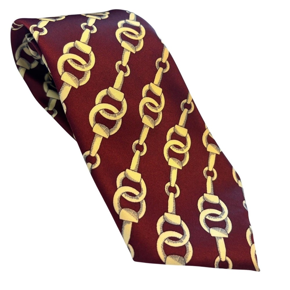 Vtg Rene Chagal Horsebit Silk Wide Tie Men Maroon Red Handmade Gold luxury Gucci